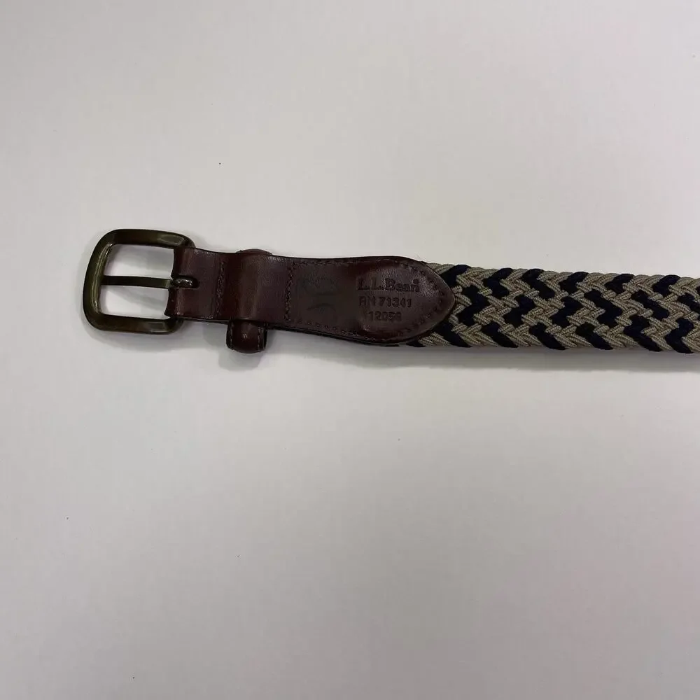 LL Bean Braided Cord Belt Men’s 36 Brown Leather Brass Buckle Cream